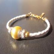 Mellow yellow shell pearl bracelet braided white leather elegant minimal mothers day gift under 30