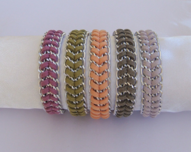 Fashion Braided Silver Chain Bracelet, Suede Cord In Olive, Peach, Violet, Dove Grey, Or Lavender Choose Your Color