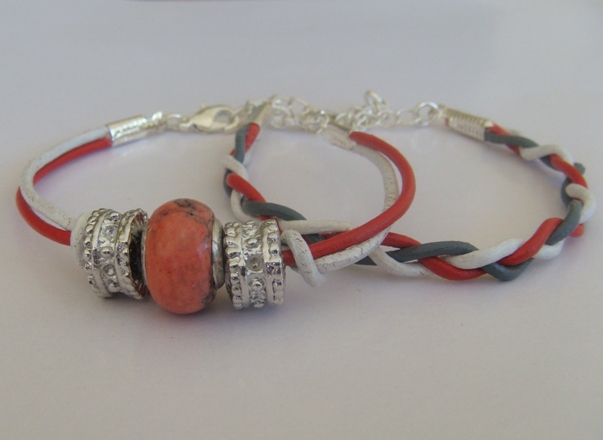 Cosy Line Beaded And Braided Bracelets, Red And White, Set Of 2, European Gemstone Bead