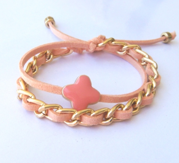 Coral Peach Pastel Double Wrap Summer Bracelet Gold Chain Coral Crosslet July Trend